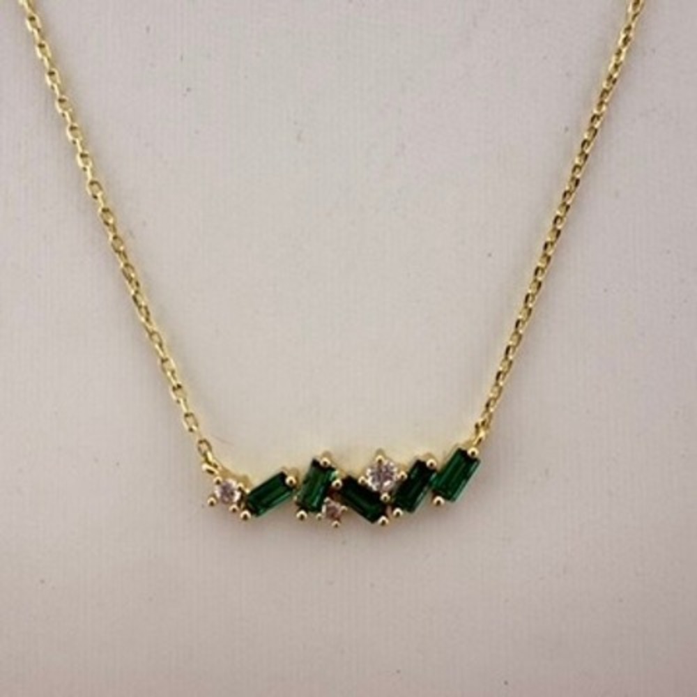 Gold Tone Necklace Emerald Green Rhinestone Crystal Baguette Cluster Bar Design